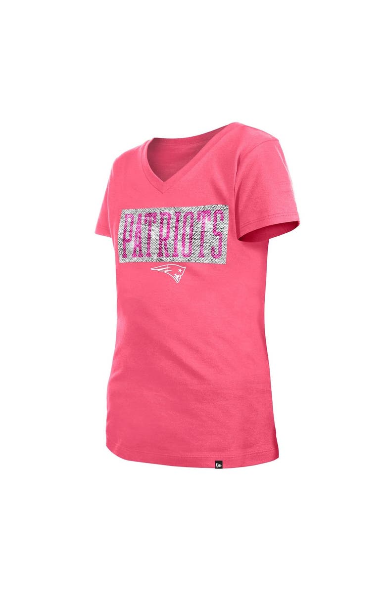 New Era Girls Youth New Era Pink New England Patriots Reverse Sequin V-Neck T-Shirt, Alternate, color, 