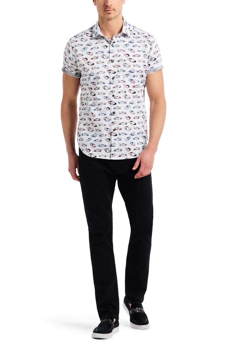 Robert Graham Neon Wheels Short Sleeve Cotton Button-Up Shirt, Alternate, color, White Multi