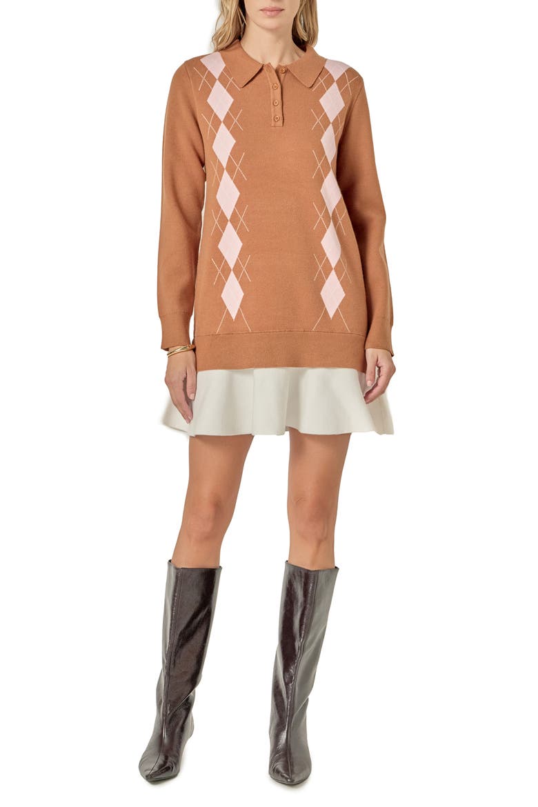 Argyle Long Sleeve Knit Minidress, Main, color, TAN/ PINK