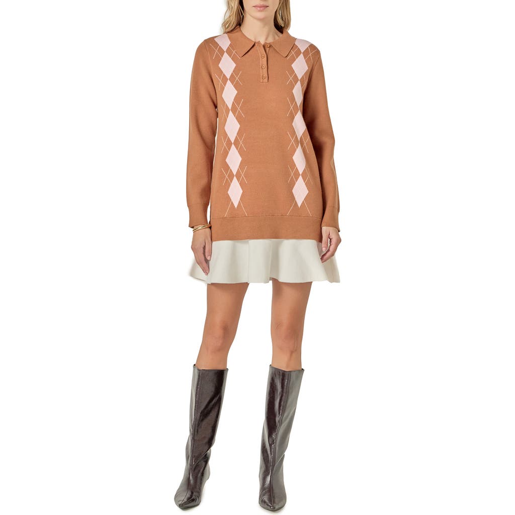 English Factory Argyle Long Sleeve Knit Minidress In Brown