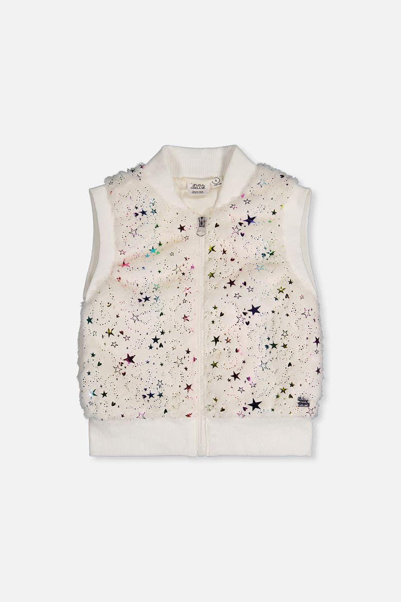Faux Fur Sleeveless Star Pattern Front Zipper Vest, Main, color, Multicolored Stars