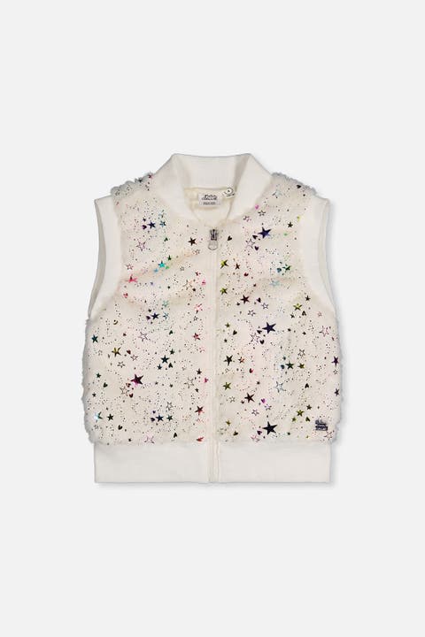 Faux Fur Sleeveless Star Pattern Front Zipper Vest