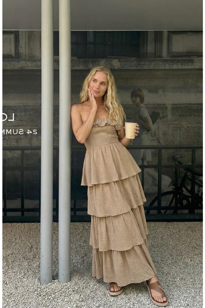 Strapless Tiered Ruffle Maxi Dress with High Slit, Alternate, color, Beige