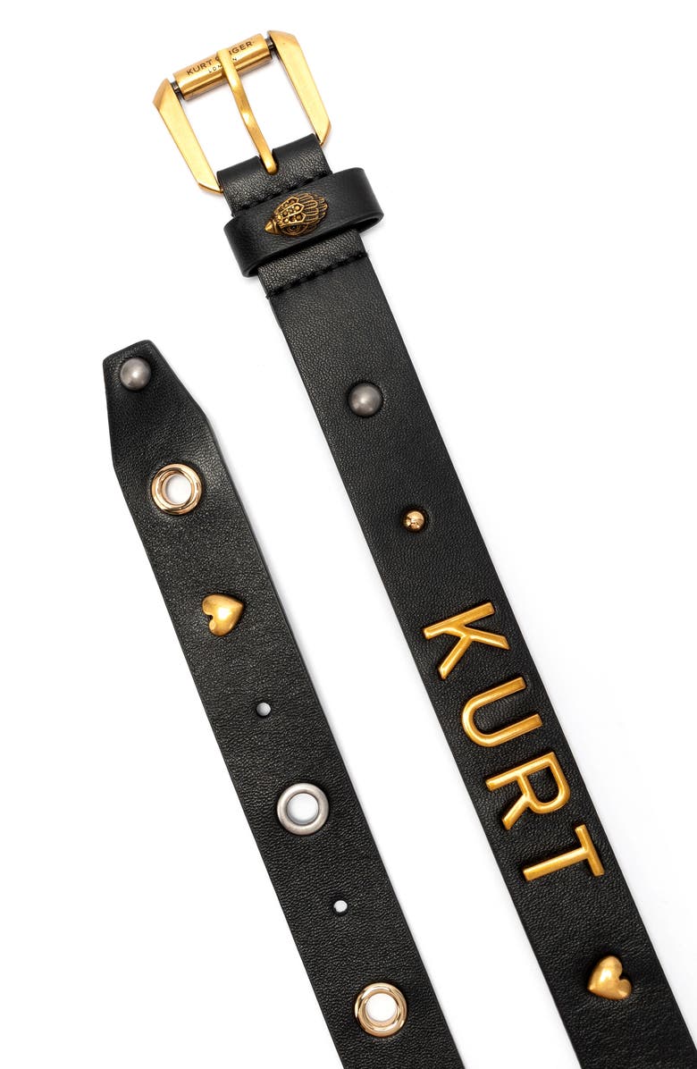 Kurt Geiger London Block Letter Leather Belt, Alternate, color, Black Antique Brass