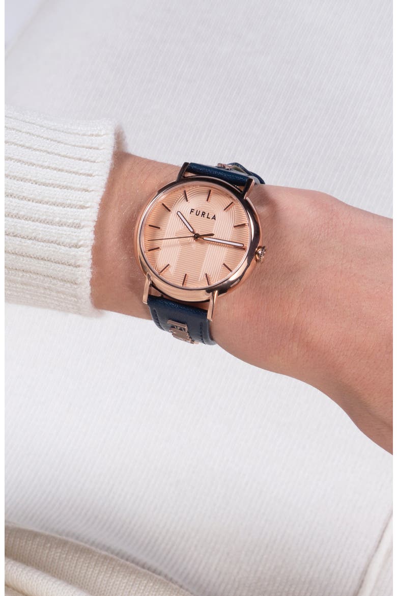 Easy Shape Leather Strap Watch, 38mm, Alternate, color, ROSE GOLD/ ROSE GOLD/ BLUE