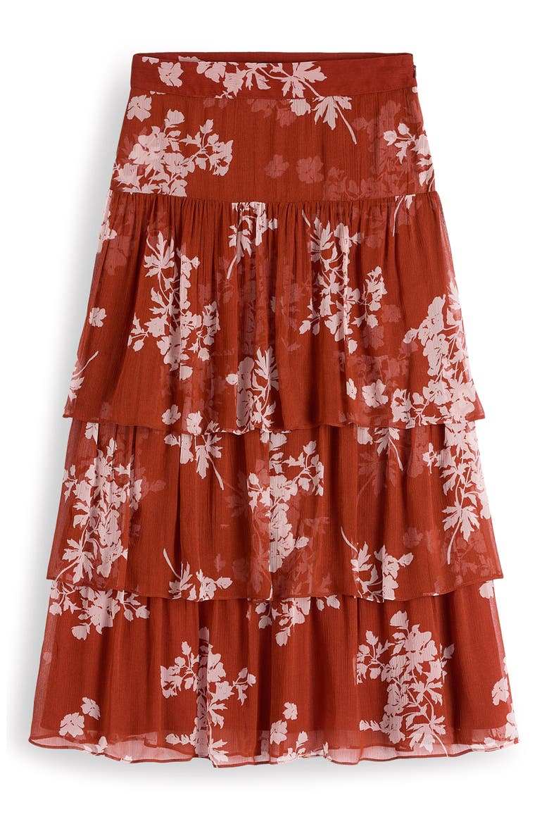 Floral Tiered Ruffle Midi Skirt, Alternate, color, ARABIAN SPICE, FLECKED BUNCH