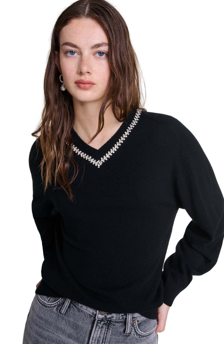 maje Knit sweater with rhinestone neck, Alternate, color, 