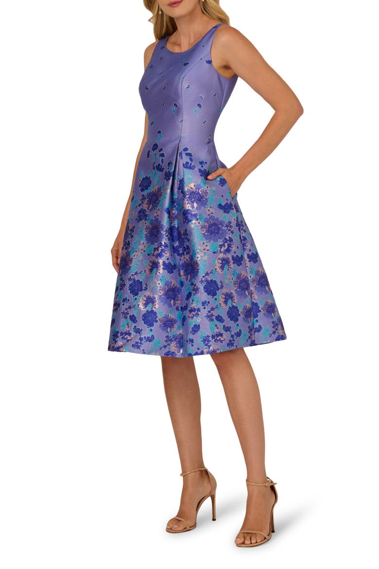 Floral Jacquard Fit & Flare Dress, Main, color, BLUE MULTI
