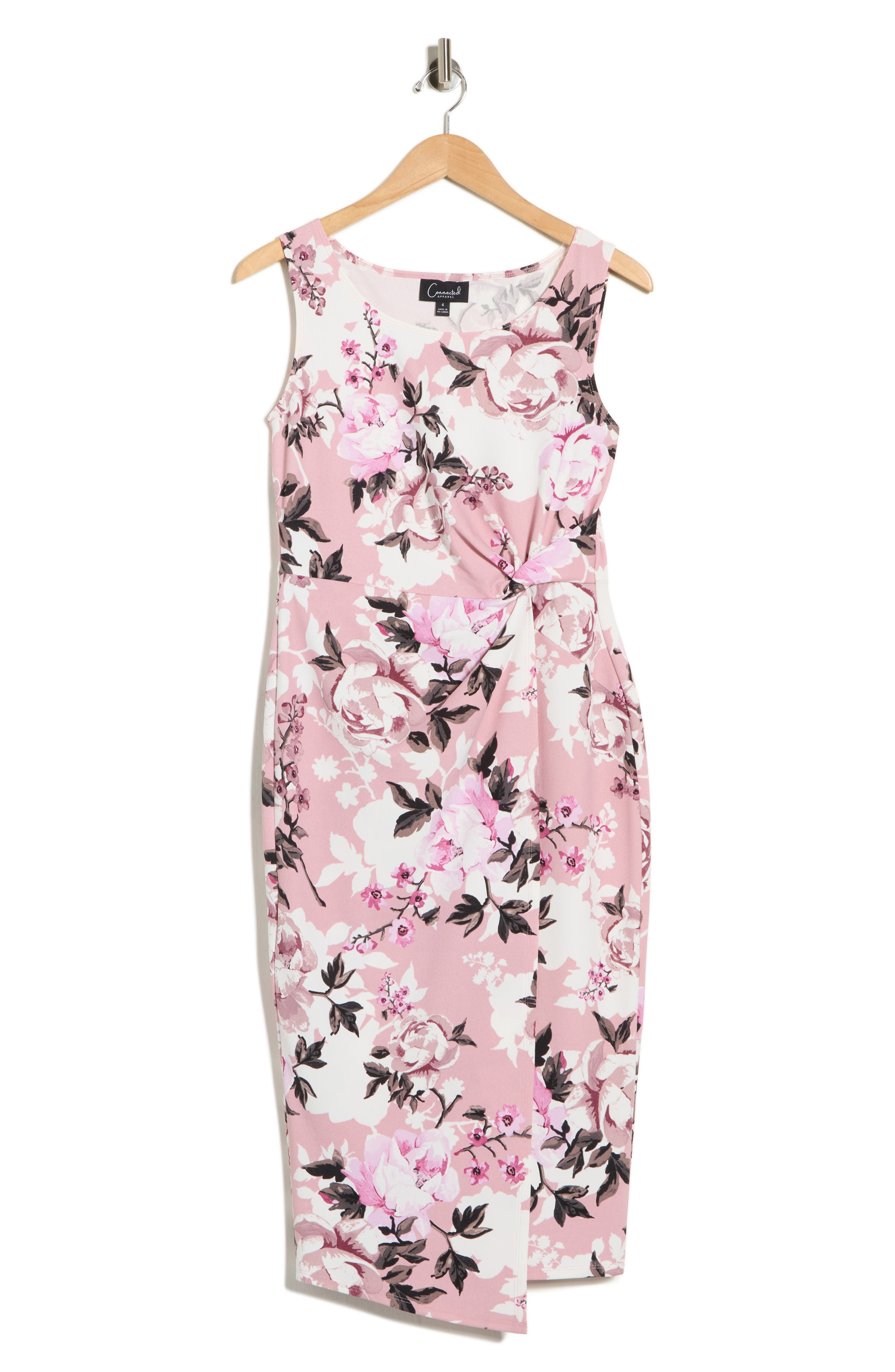 Connected Apparel Floral Twist Waist Crepe Dress