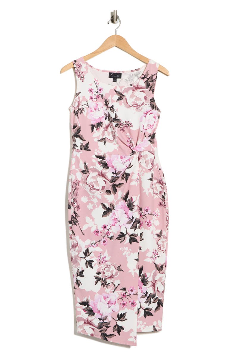 Connected Apparel Floral Twist Waist Crepe Dress, Main, color, Dusty Mauve