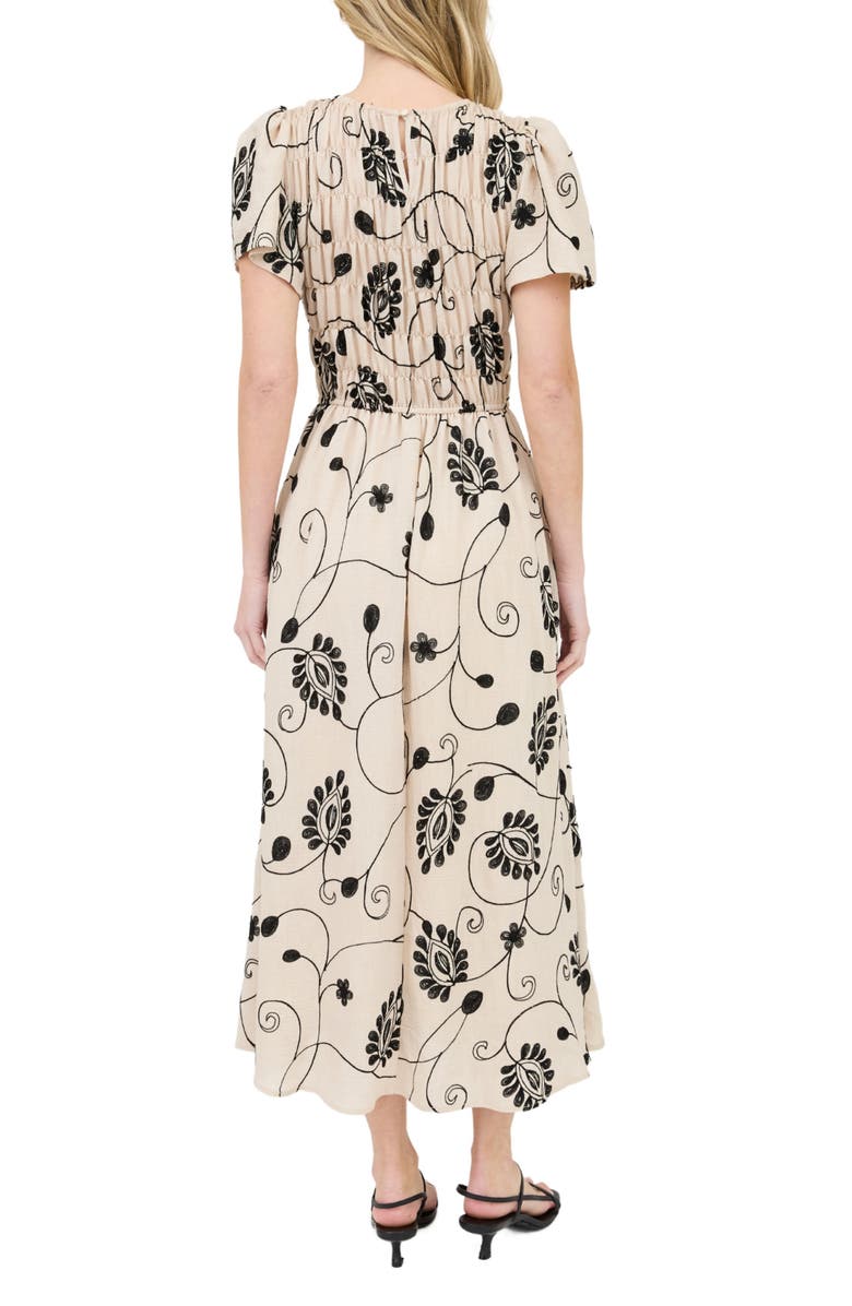 AUGUST SKY Embroidered Smocked Short Sleeve Maxi Dress, Alternate, color, Khaki