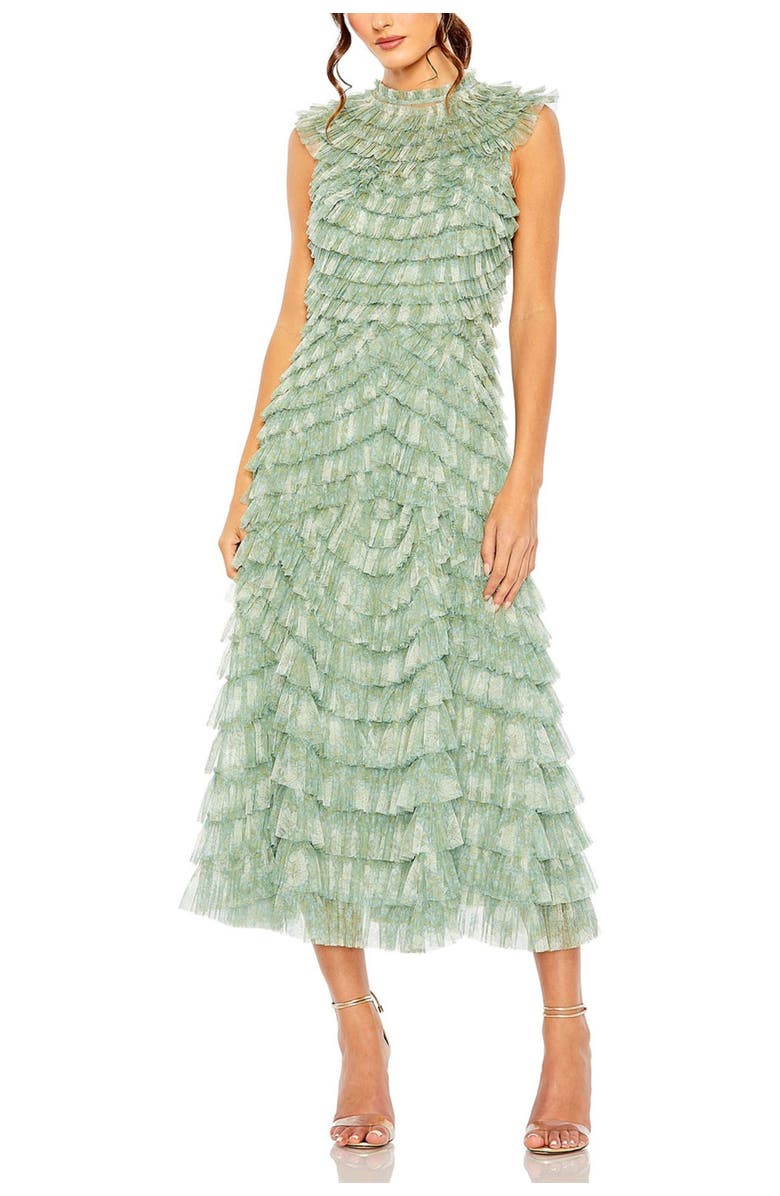 Mac Duggal Floral Ruffle Tiered Mesh Mock Neck Sleeveless Dress, Main, color, Green Multi