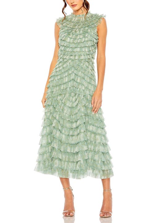 Floral Ruffle Tiered Mesh Mock Neck Sleeveless Dress