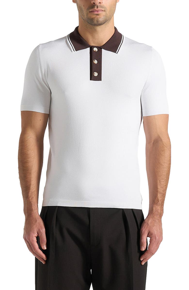 Manière De Voir Roux Contrast Detail Luxe Knit Polo Shirt, Alternate, color, White