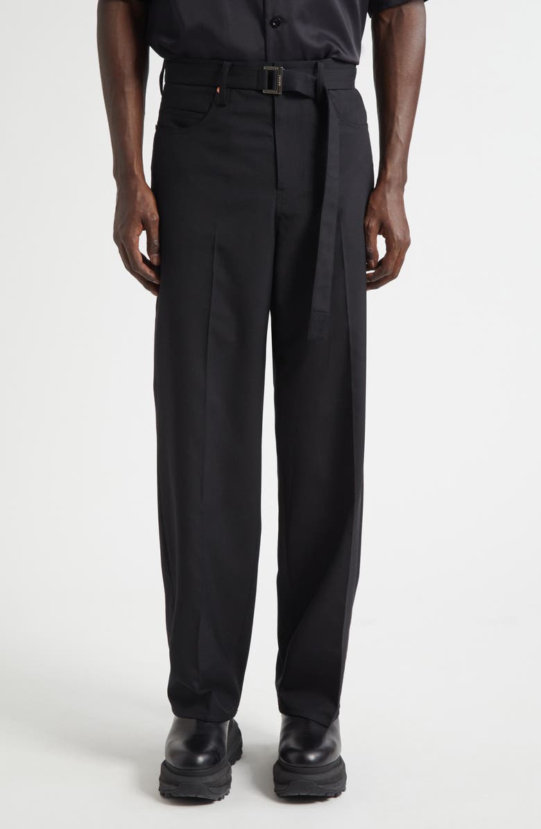 Sacai Belted Black Flat Front Five Pocket Pants, Main, color, Black