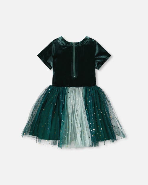 Deux Par Deux Bi-material Short Sleeve Party Dress In Green