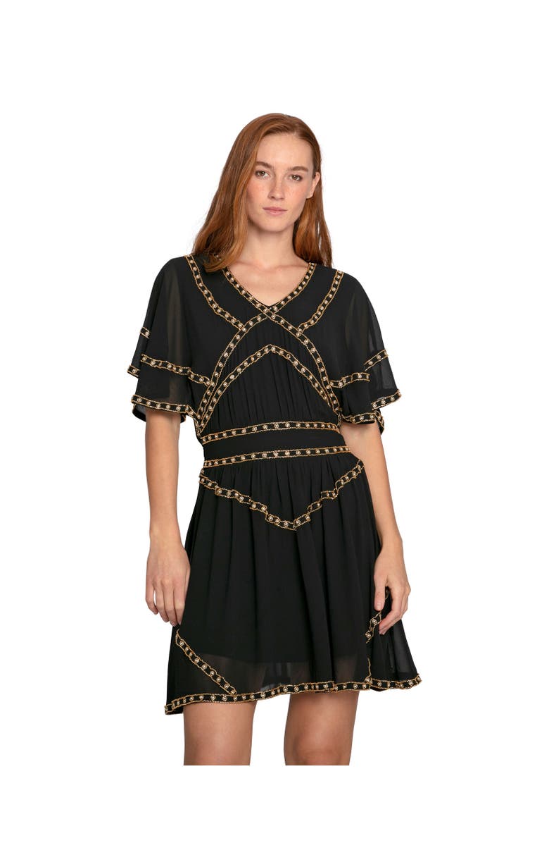 Belle & Bloom Golden Mark Beaded Trim Mini Dress, Main, color, Black