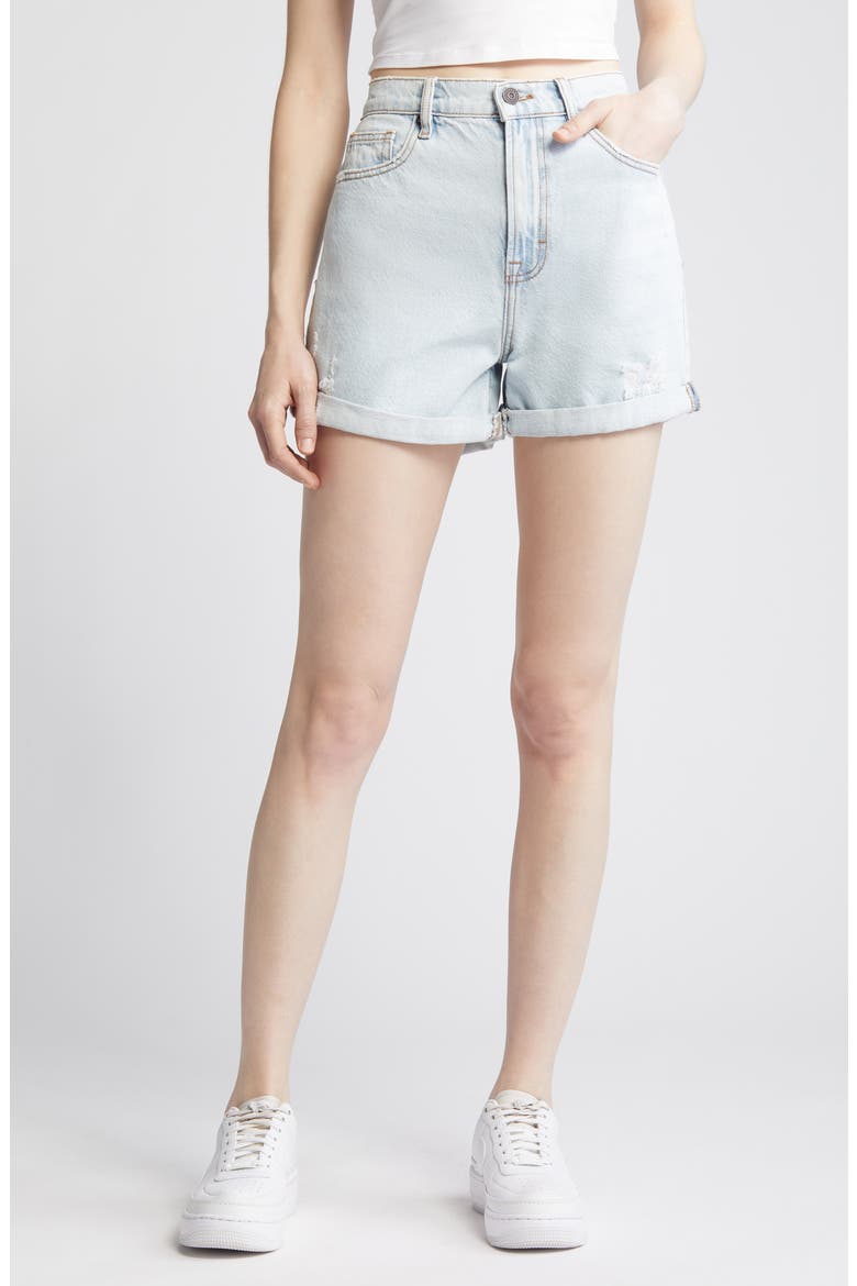 High Waist Rolled Cuff Denim Shorts, Main, color, LIGHT WASH