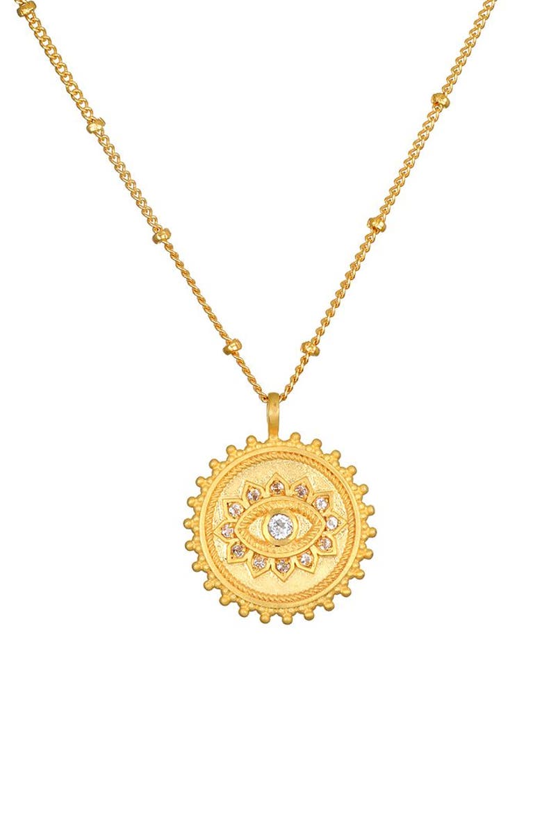 Satya Jewelry True Visionary White Topaz Evil Eye Necklace, Main, color, Gold