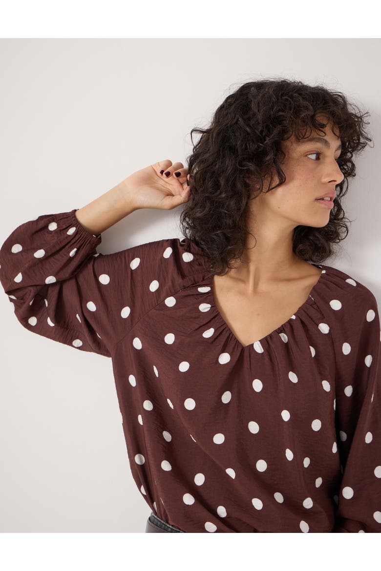 Printed Airflow V Neck Blouse, Alternate, color, Polka Dot Brown