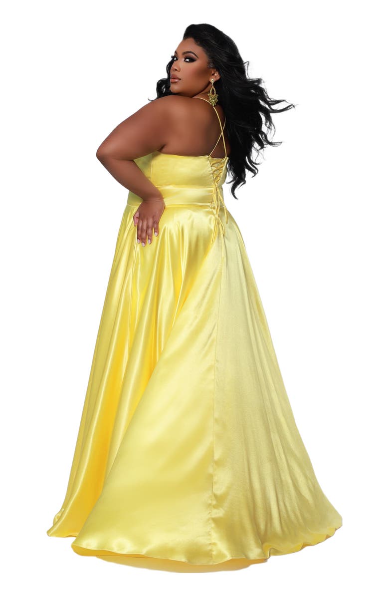 Sydney's Closet Satin A-line Sweetheart Lace-Up Plus Size Evening Gown, Alternate, color, Lemon