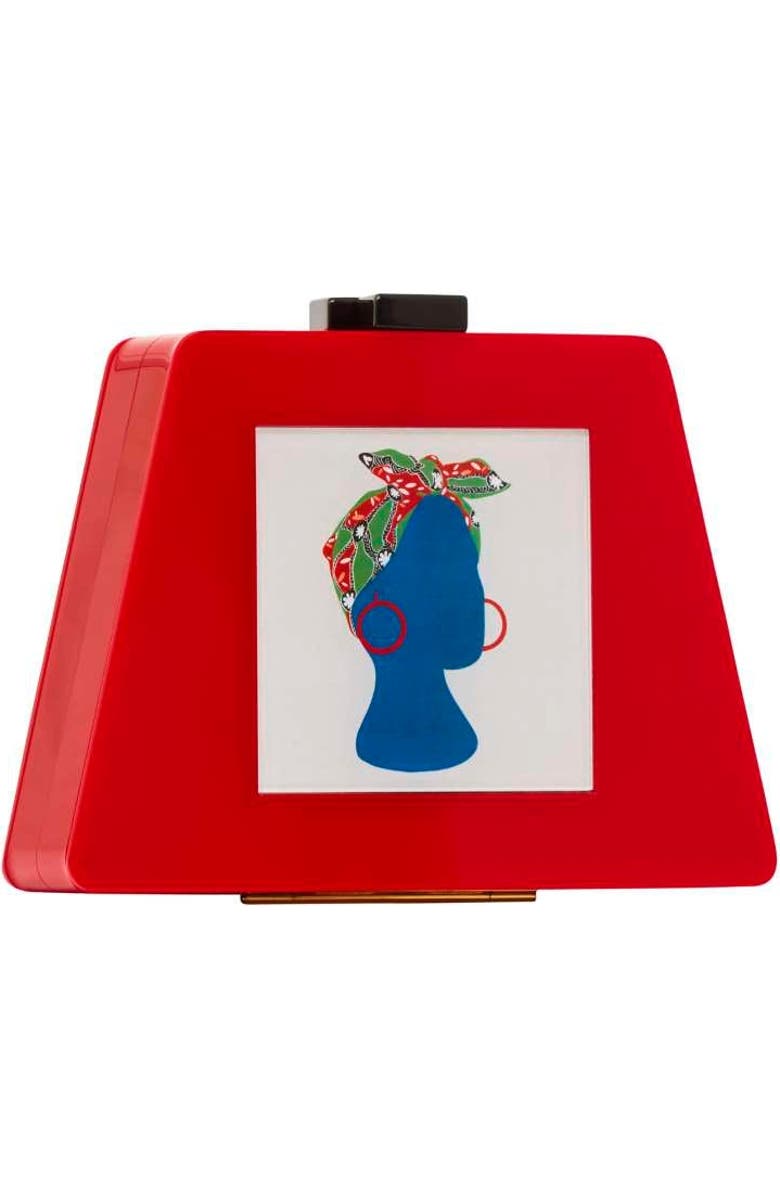 LarAllan Babi Acrylic Triangular Box Clutch w/strap, Alternate, color, Red