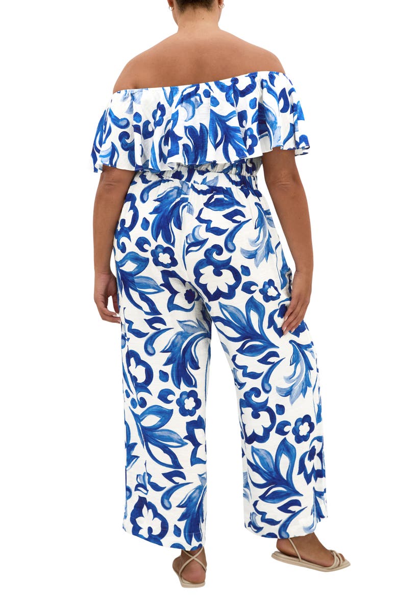City Chic Off the Shoulder Floral Print Jumpsuit, Alternate, color, Mykonos