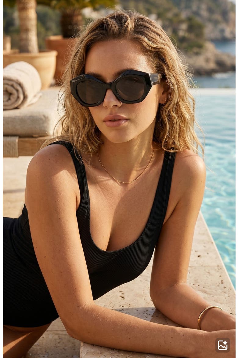 Riven 50mm Small Geometric Sunglasses, Alternate, color, BLACK/ BLACK