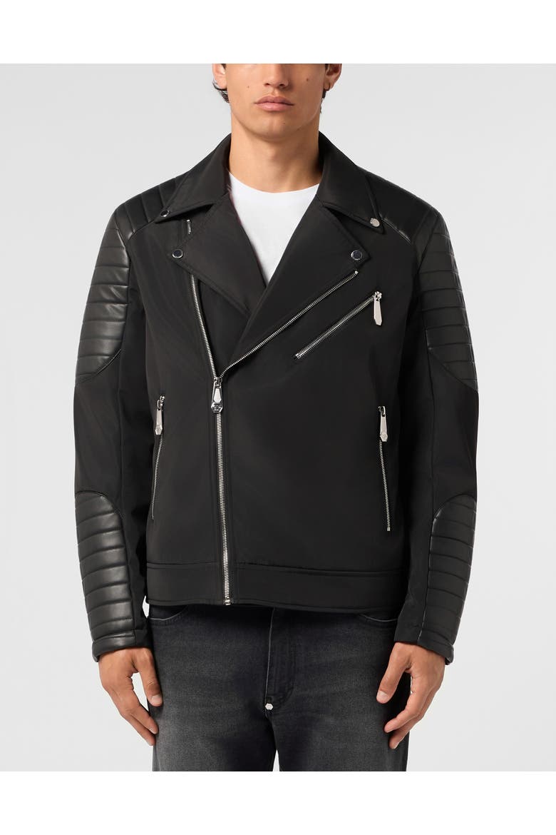 Nylon Biker Jacket Eco Leather Inserts Men, Main, color, black