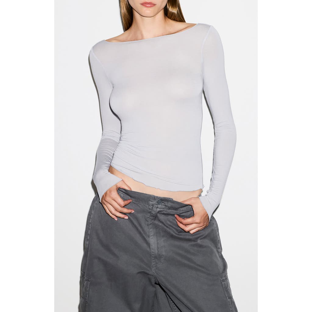 Skims Sheer Modal Blend Long Sleeve Boat Neck Top In Gray