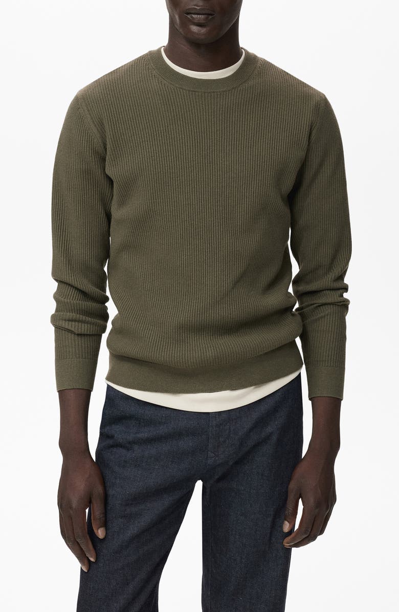 MANGO Regular Fit Crewneck Rib Sweater, Main, color, Olive Green