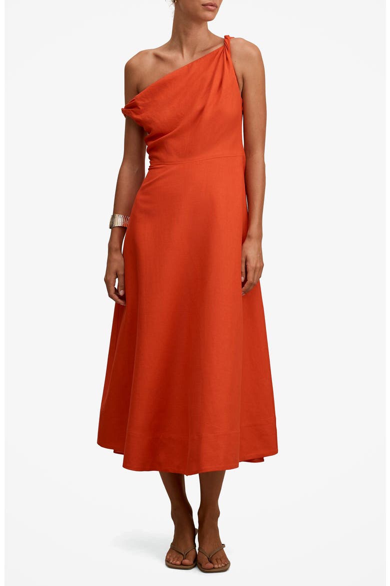 Vinetta One-Shoulder Linen Blend Midi Dress, Main, color, SPICY ORANGE