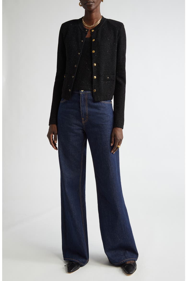 Microsequin Cotton Blend Cardigan, Alternate, color, BLACK
