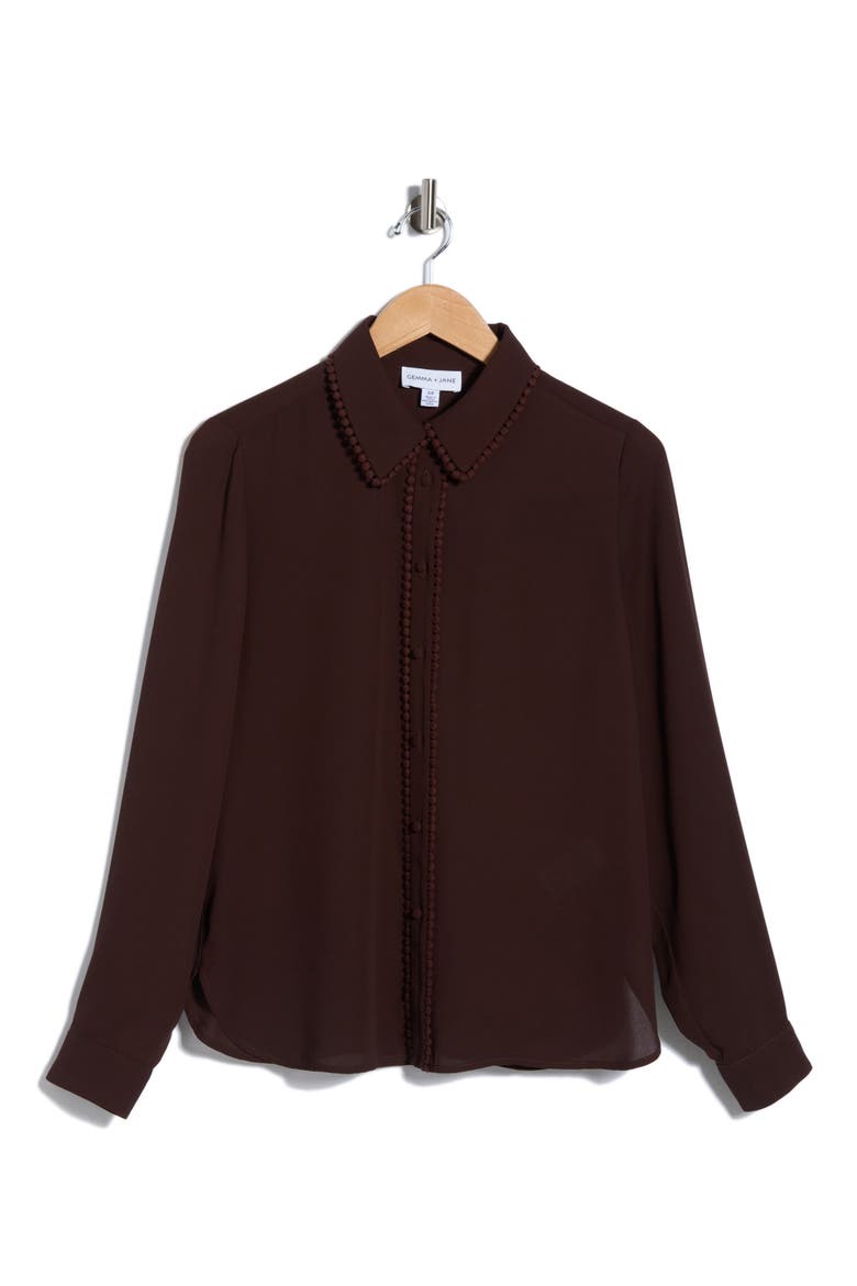 Lace Trim Button-Up Shirt, Alternate, color, DK CHOCOLATE