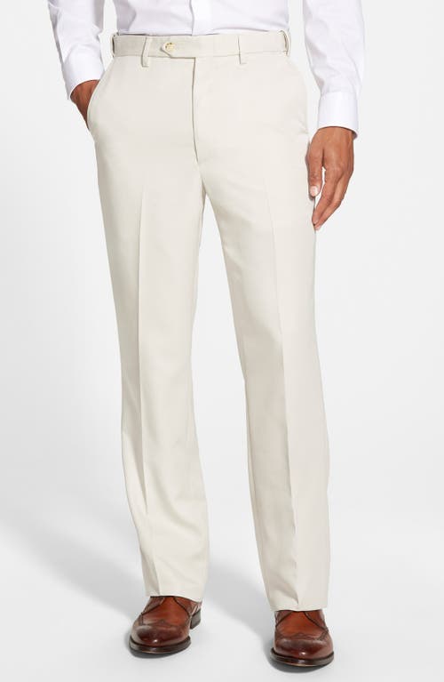 Berle Self Sizer Waist Flat Front Classic Fit Microfiber Trousers in Stone 