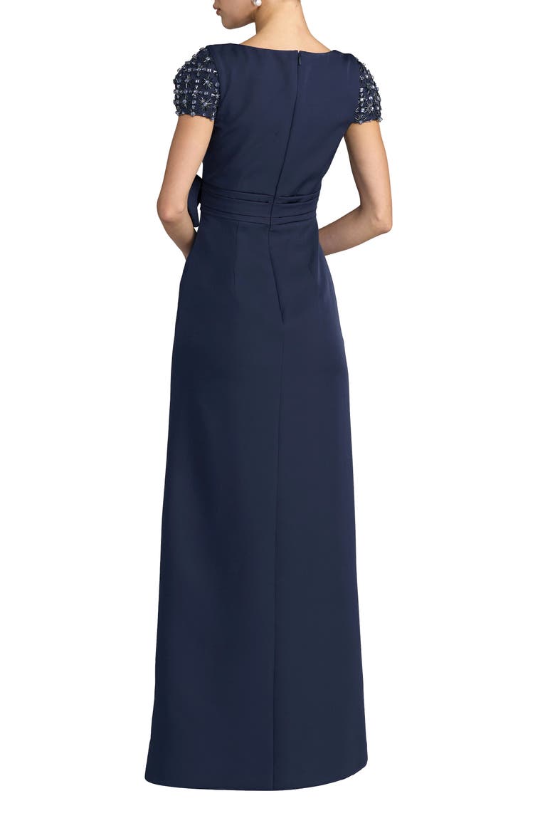 Women's Beaded Cap Sleeve Crepe Gown With Bow and Slit, Alternate, color, Midnight
