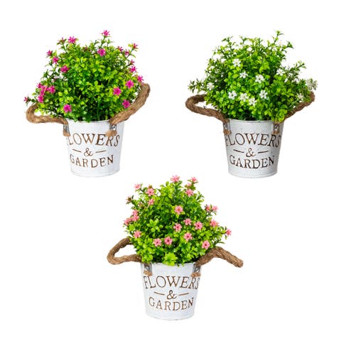 8-in Artificial Flowering Mini Daisy Plant in Rustic Flowers & Garden Planter - Set of 3