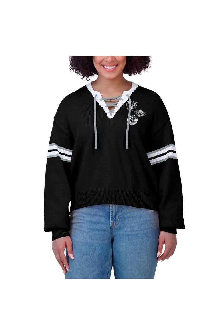 Women's WEAR by Erin Andrews Black Las Vegas Raiders Lace-Up Pullover Sweatshirt, Alternate, color, Black