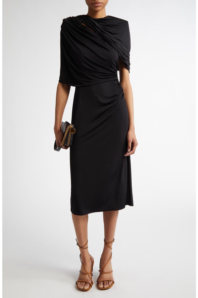 Draped Cape Cutout Midi Dress, Main, color, BLACK