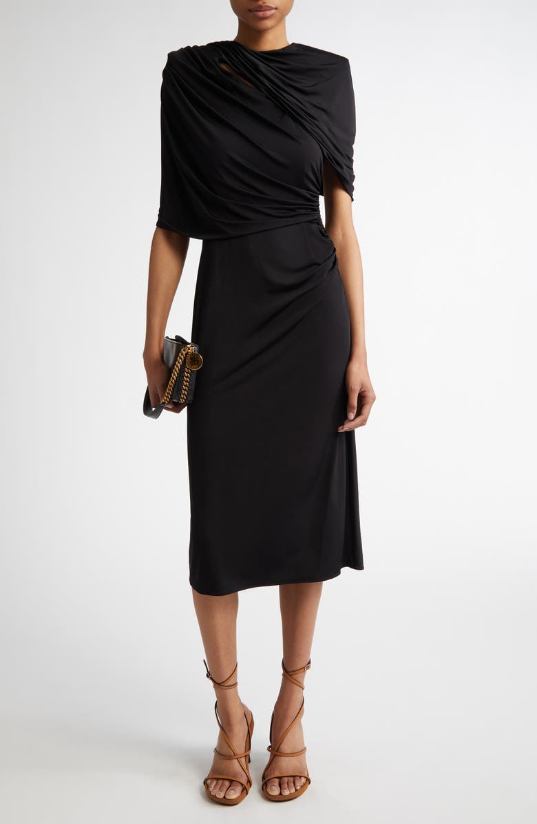 Stella McCartney Draped Cape Cutout Midi Dress, Main, color, Black