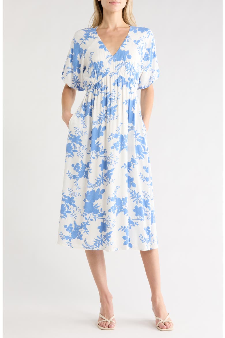 Empire Waist Midi Dress, Main, color, WHITE BLUE FLORAL