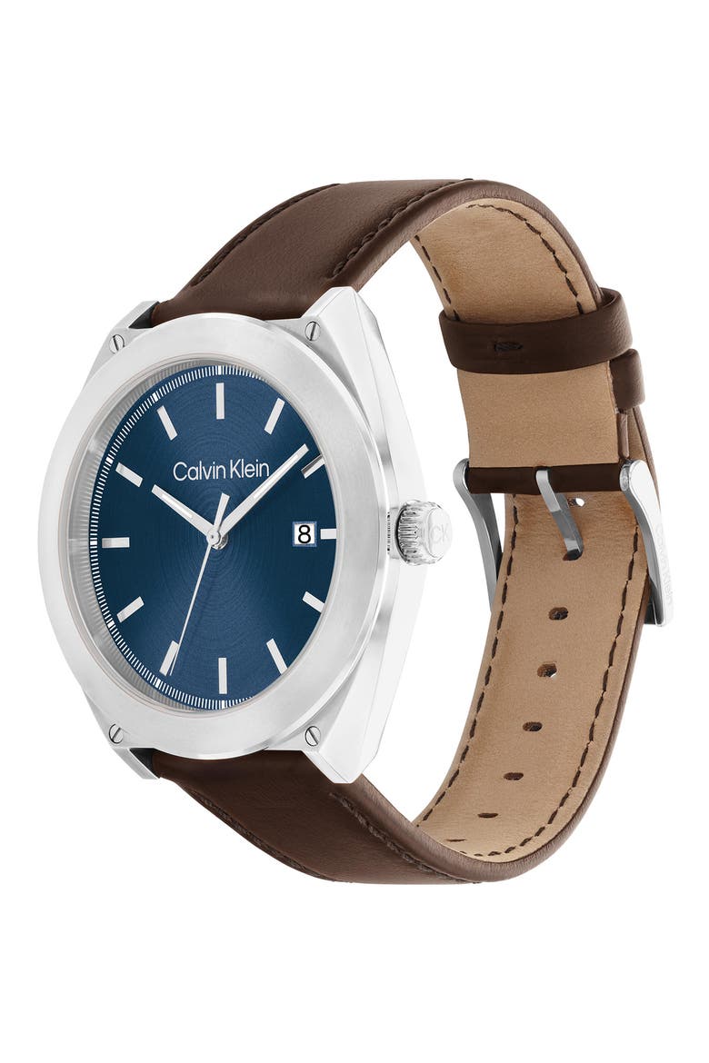 Progressive Leather Strap Watch, 44mm, Alternate, color, BLUE