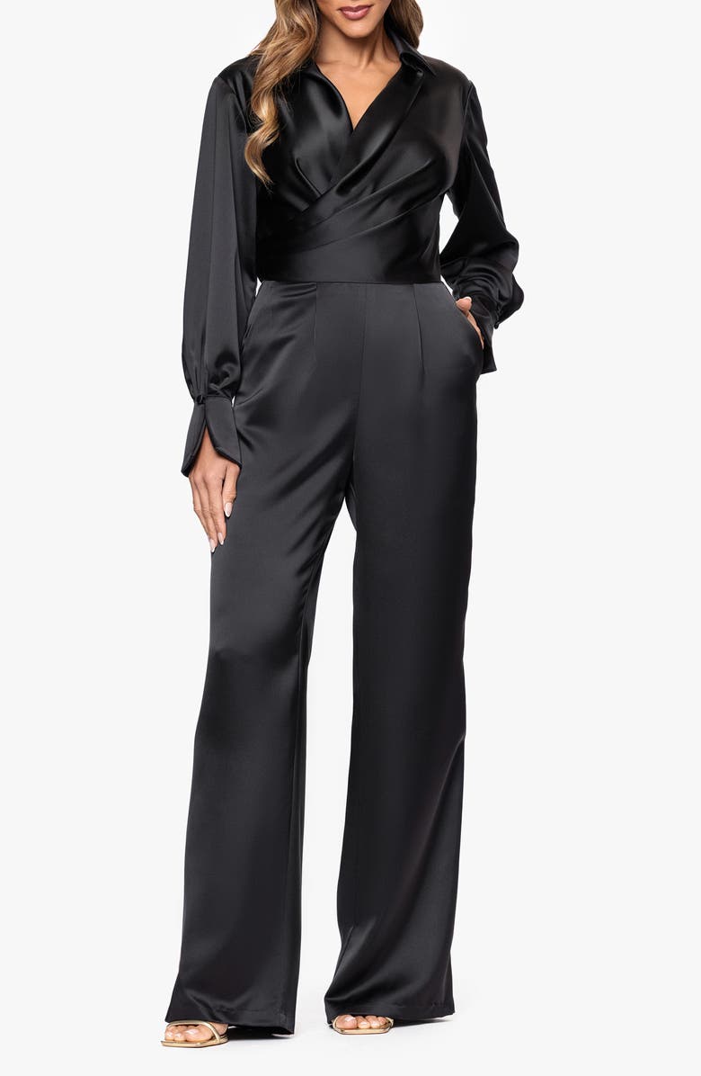 Xscape Evenings Long Sleeve Wide Leg Satin Jumpsuit, Main, color, Black
