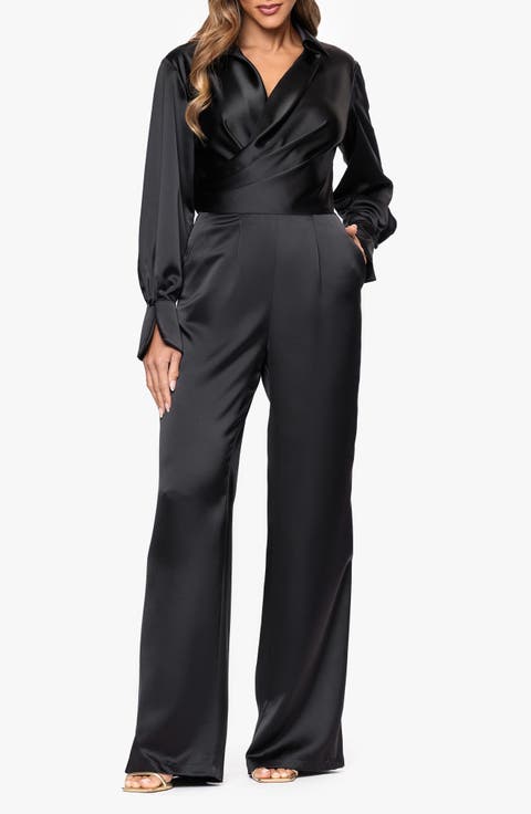 Long Sleeve Wide Leg Satin Jumpsuit