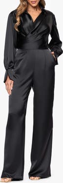 Xscape Evenings Long Sleeve Wide Leg Satin Jumpsuit