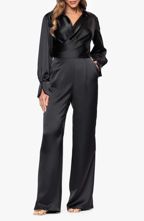 Xscape Evenings Long Sleeve Wide Leg Satin Jumpsuit In Black