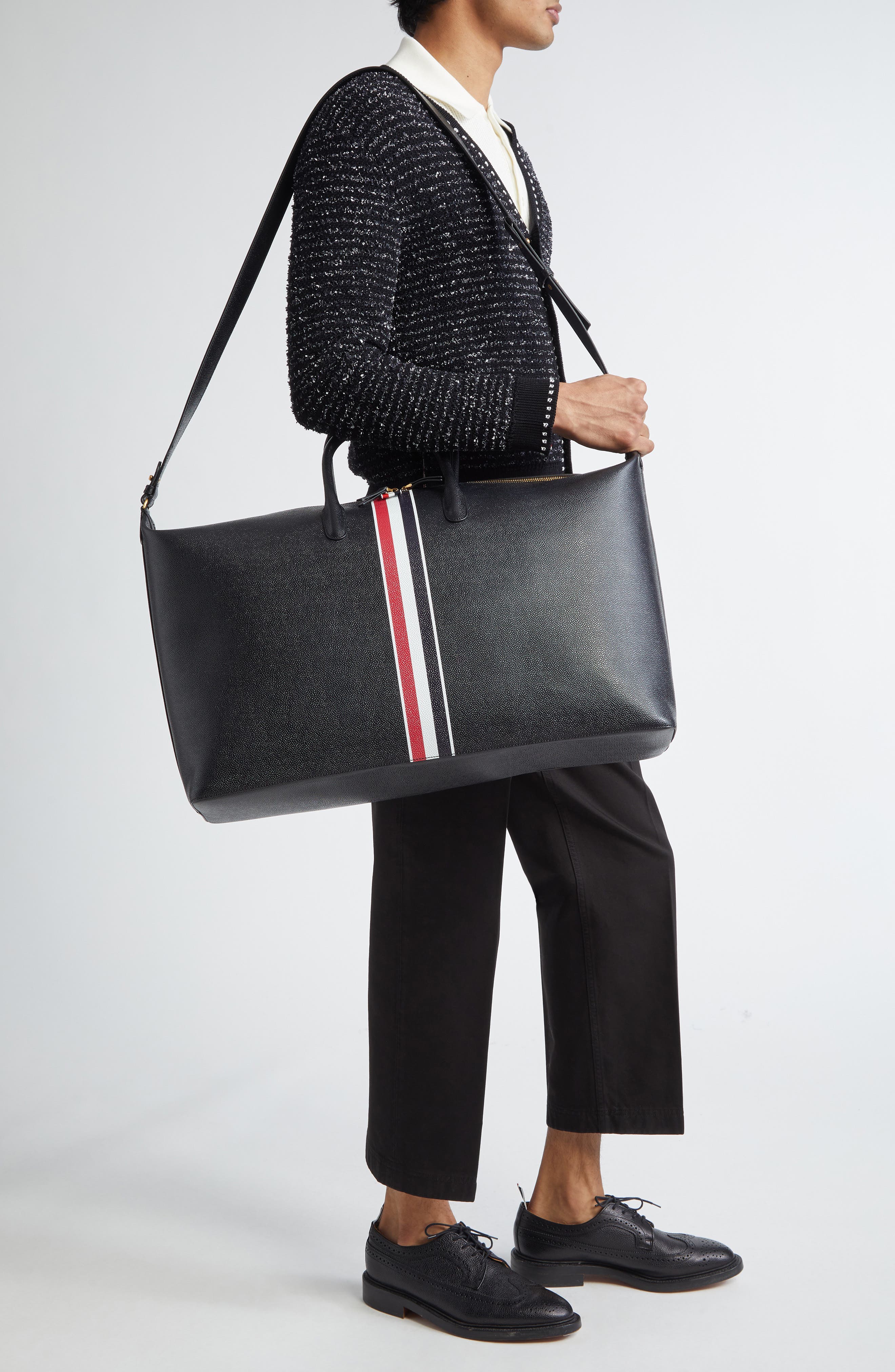 Thom Browne RWB Stripe Leather Duffle Bag, Alternate, color, Black
