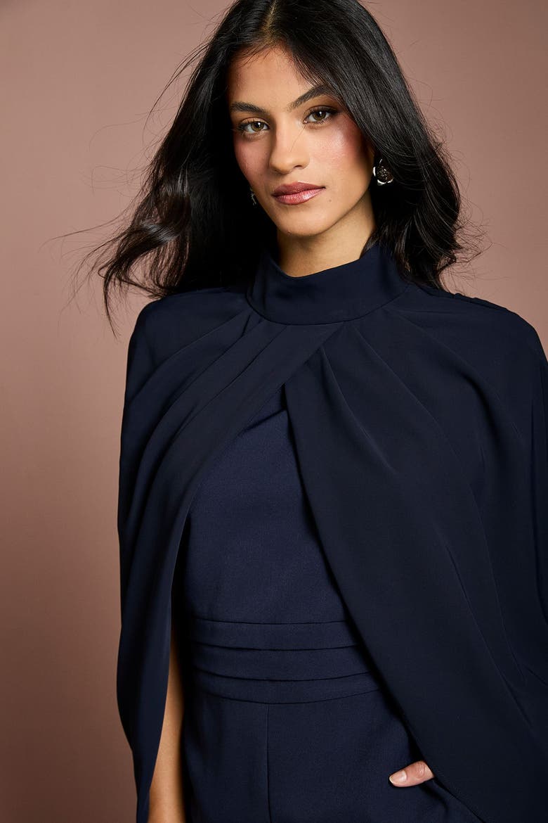 Petite High Neck Cape Wide Leg Jumpsuit, Alternate, color, Navy