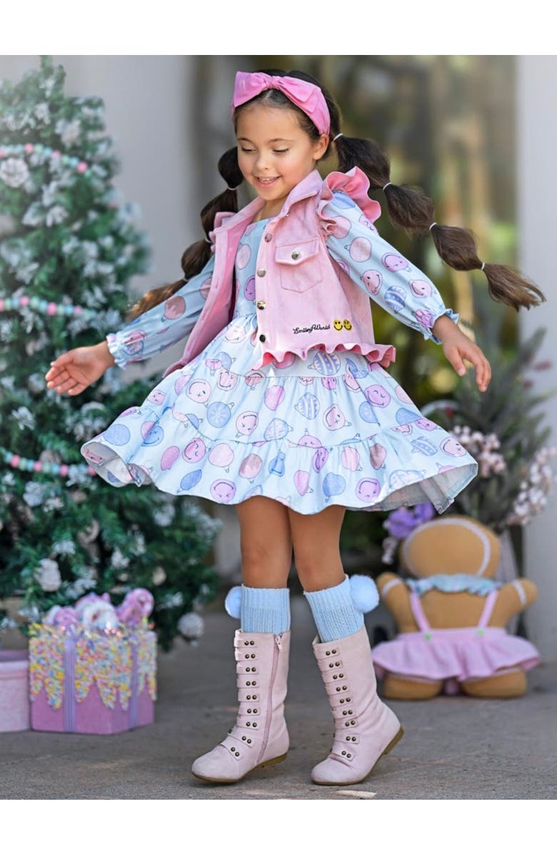Mia Belle Girls Girls SmileyWorld Feeling Festive Faux Suede Vest and Dress Set, Alternate, color, Multicolor