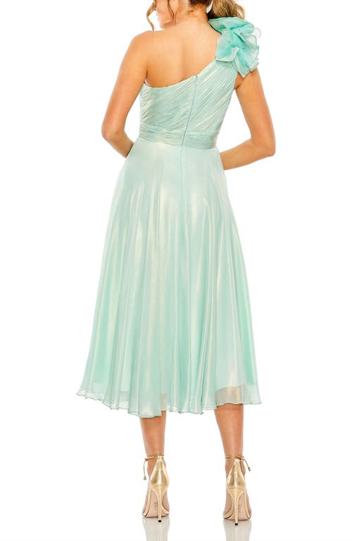Mac Duggal Rosette One Shoulder Tea Length Dress In Sage